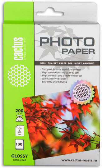 

Фотобумага Cactus CS-GA6200100 A6/200г/м2/100л./белая, глянцевая для струйной печати, CS-GA6200100