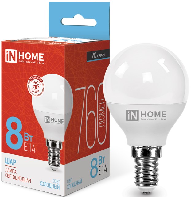 

Лампа светодиодная IN HOME 4690612024882 LED-ШАР-VC 8Вт шар 6500К холодный, белый E14 760лм, 4690612024882
