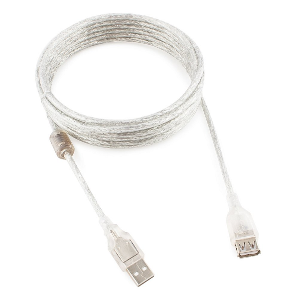 

Кабель интерфейсный USB 2.0 удлинитель Cablexpert AM-AF 4.5 м, Pro, экран, феррит. кольцо, прозрачный, пакет, AM-AF