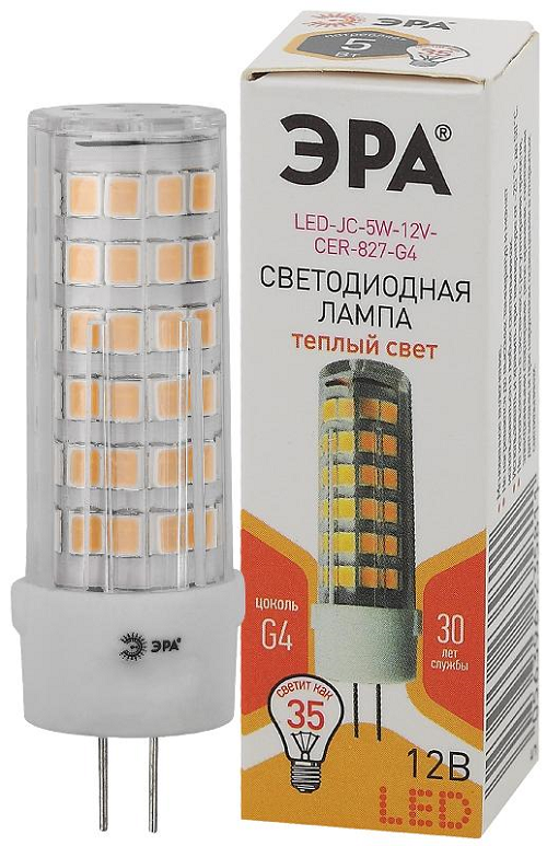 

Лампа светодиодная ЭРА Б0056749 STD LED JC-5W-12V-CER-827-G4 G4 5Вт керамика капсула теплый белый свет, Б0056749