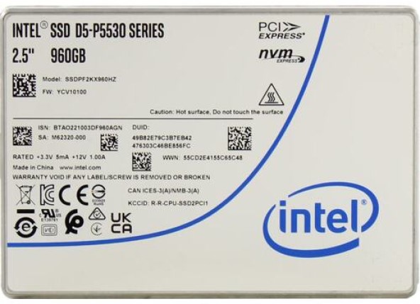 

Накопитель SSD U.2 Intel SSDPF2KX960HZN1 D5-P5530 960GB PCIe NVMe 4.0 x4 TLC 5500/1600MB/s IOPS 300K/75K, SSDPF2KX960HZN1