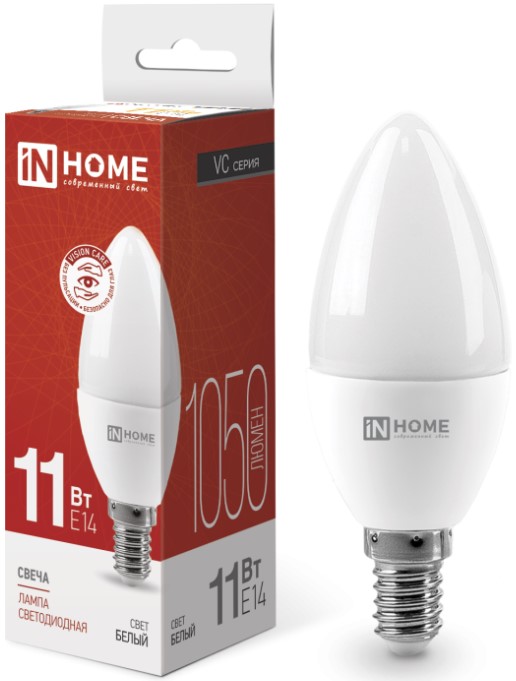 

Лампа светодиодная IN HOME 4690612020471 LED-СВЕЧА-VC 11Вт свеча 4000К нейтральный, белый E14 1050лм, 4690612020471