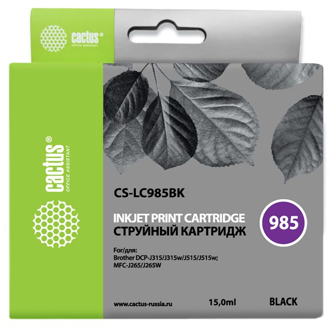 

Картридж Cactus CS-LC985BK черный для Brother DCPJ315W/DCPJ515W/MFCJ265W (15мл), CS-LC985BK