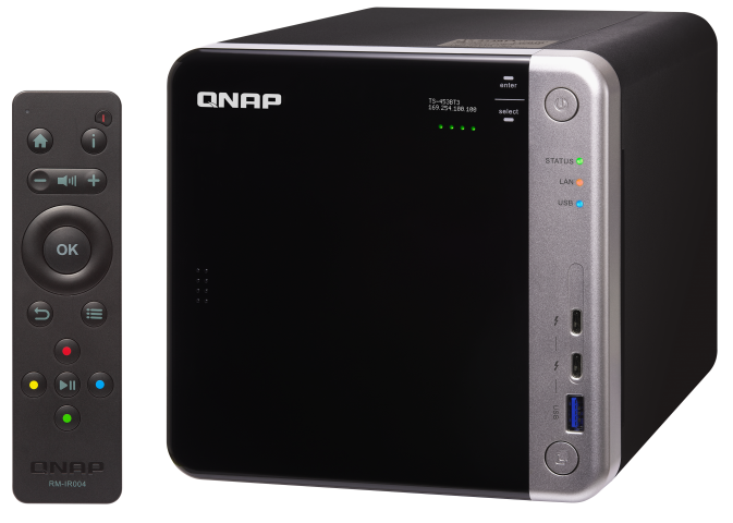 

Сетевой накопитель QNAP TS-453BT3-8G 4 отсека для HDD, Intel Celeron J3455 1,5 ГГц (разгон до 2,3 ГГц), DDR3L объемом 8 ГБ, QM2, Thunderbolt 3 (40 Гби, TS-453BT3-8G