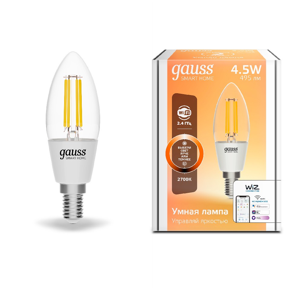 

Лампа светодиодная Gauss 1230112 филаментная Smart Home DIM E14 C35 4,5 Вт 495 лм, 1230112
