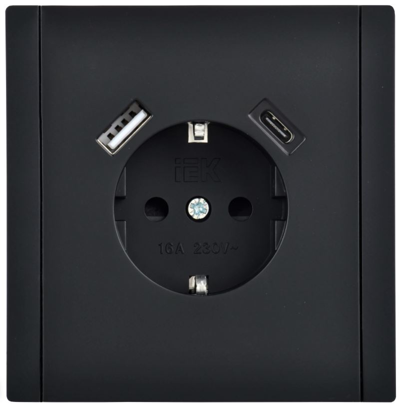 

Розетка с заземлением с 2 USB IEK FP-R14-16-U22-018-K02 FORTE&PIANO с защитными шторками в/к 16А тип A+тип C 18Вт FP147 черный, FP-R14-16-U22-018-K02