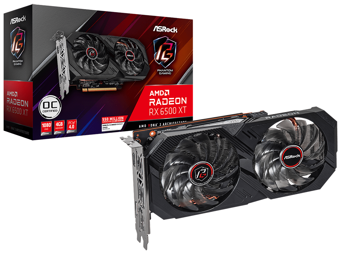 

Видеокарта PCI-E ASRock Radeon RX 6500 XT Phantom Gaming (RX6500XT PGD 4GO) 4GB GDDR6 64bit 6nm 2365/18000MHz HDMI/DP RTL, Radeon RX 6500 XT Phantom Gaming (RX6500XT PGD 4GO)