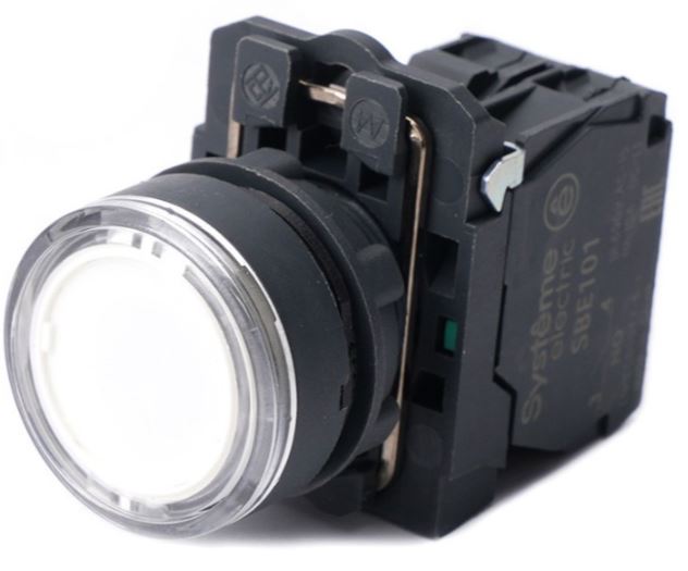 

Кнопка Systeme Electric SB5AW31B1 SB5 с подсветкой в сборе модульная 22мм белая пластик 24ВDC 1НО, SB5AW31B1