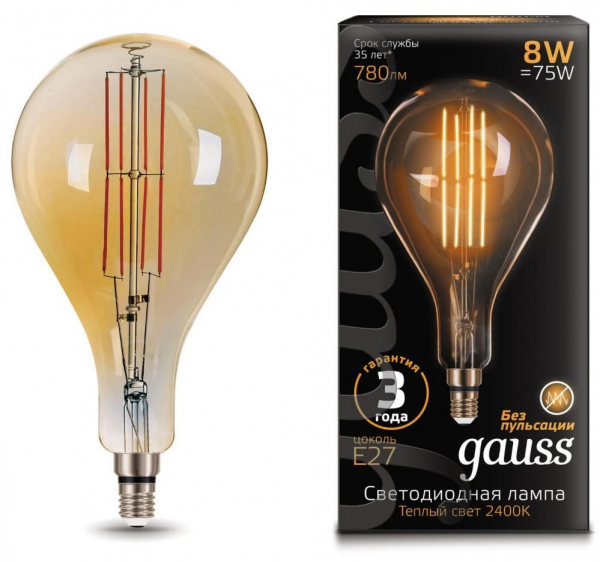 

Лампа светодиодная Gauss 149802008 LED Vintage Filament A160 8W E27 160*300mm Golden 780lm 2400K, 149802008