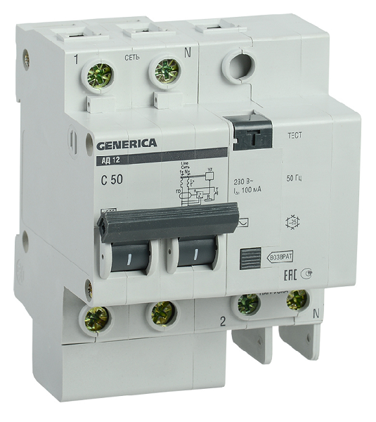 

Выключатель дифференциального тока (ВДТ, УЗО) IEK MAD15-2-050-C-100 автоматический АД12 Generica 50A тип C 4.5kA 100мА AC 2П 230В 4мод серый (1шт), MAD15-2-050-C-100