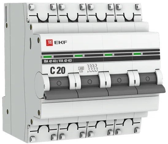 

Автоматический выключатель EKF mcb4763-4-20C-pro 4P 20А (C) 4,5kA ВА 47-63, mcb4763-4-20C-pro