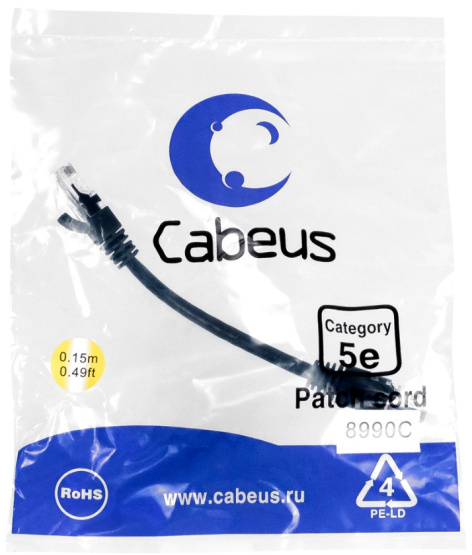 фото Кабель патч-корд U/UTP 5e кат. 0.15м Cabeus PC-UTP-RJ45-CAT.5E-0.15M-BK-LSZH в Перми