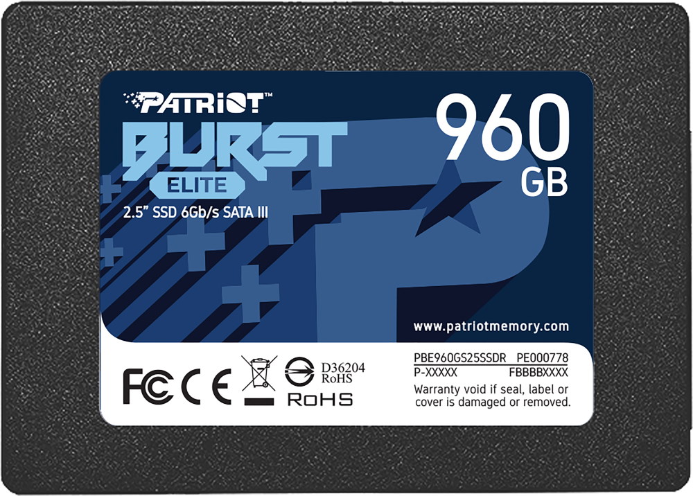

Накопитель SSD 2.5'' Patriot Memory PBE960GS25SSDR Burst Elite 960GB SATA 6Gb/s 3D TLC 450/320MB/s IOPS 40K/40K MTBF 2M, PBE960GS25SSDR