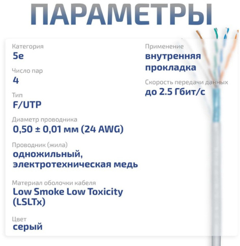 фото Кабель витая пара F/UTP 5e кат. 4 пары Cabeus FTP-4P-Cat.5e-SOLID-LSLTx-GY-20 в Санкт-Петербургe