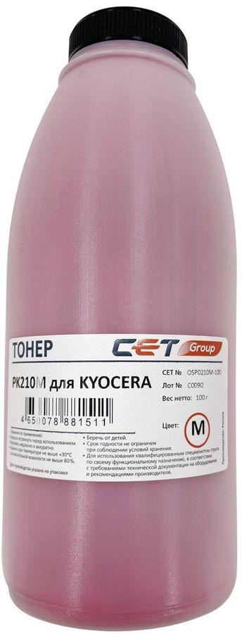 

Тонер CET OSP0210M-100 PK210 пурпурный бутылка 100гр. для принтера Kyocera Ecosys P6230cdn/6235cdn/7040cdn, OSP0210M-100