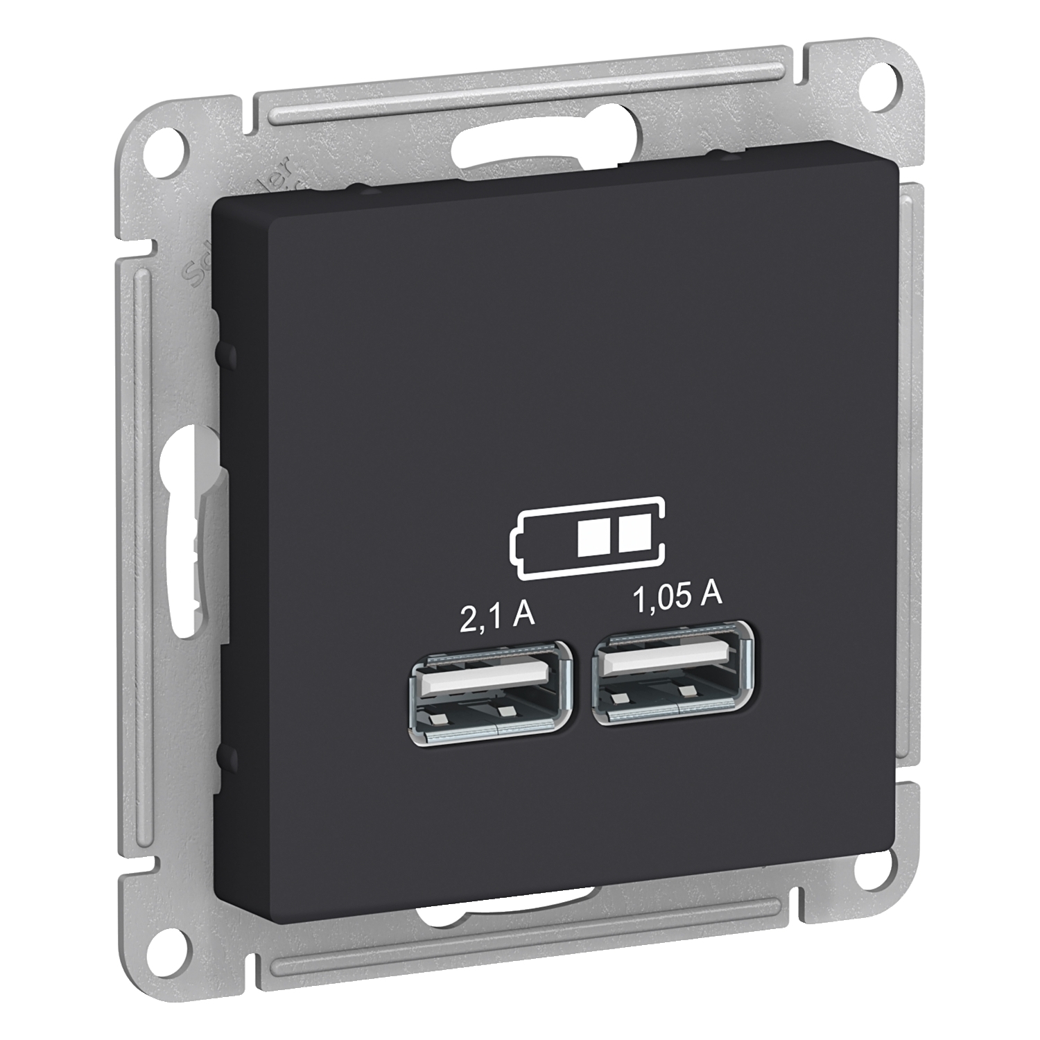 

Розетка Schneider Electric ATN001033 AtlasDesign, USB, 5В, 1 порт x 2.1 А, 2 порта х 1.05 А, механизм, карбон, ATN001033
