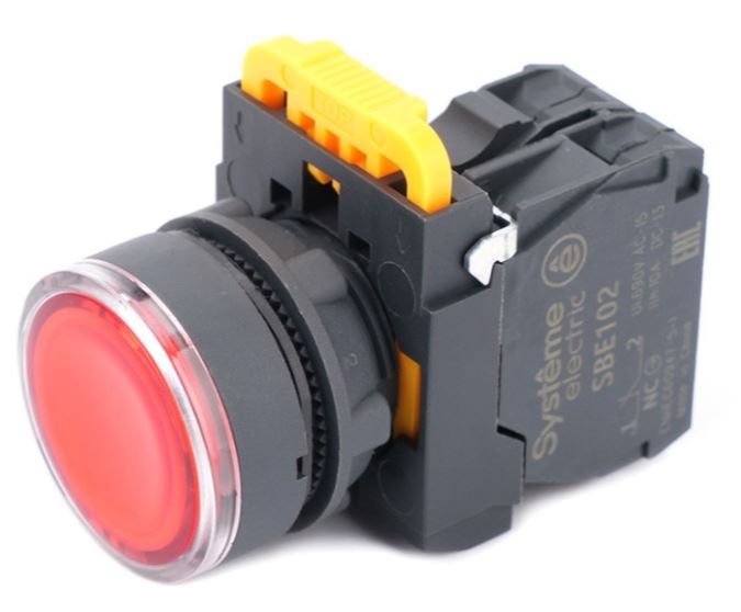 

Кнопка Systeme Electric SB5AW34B2 SB5 с подсветкой в сборе модульная 22мм красная пластик 24ВDC 1НЗ, SB5AW34B2