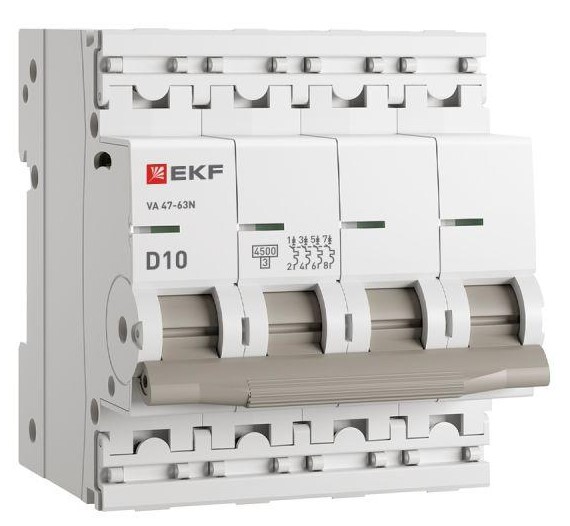 

Автоматический выключатель EKF M634410D 4P 10А (D) 4,5kA ВА 47-63N PROxima, M634410D
