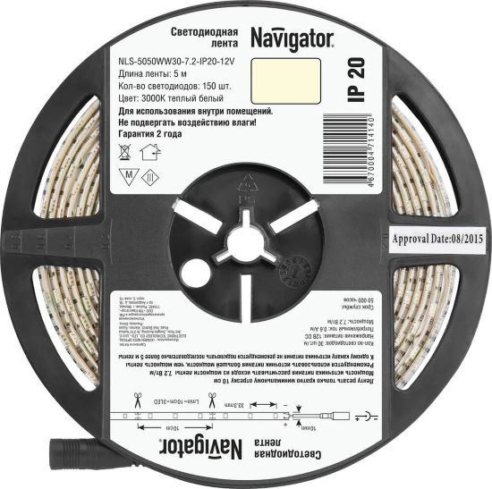 

Лента светодиодная Navigator NLS-5050WW30-7.2-IP20-12V 30LED/м, 7,2Вт, 12В DC, нарез. кр. 100мм, теплый белый 3000К, IP20, 5м. в ролле (71414), NLS-5050WW30-7.2-IP20-12V