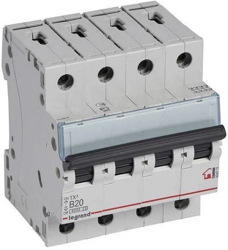 

Автоматический выключатель Legrand 404015 TX³ 6000 - 6 кА - тип характеристики B, 4П, 400 В~, 20 А, 4 модуля, 404015