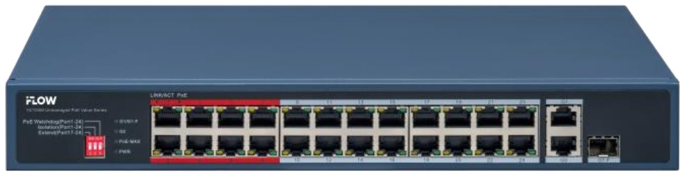 

Коммутатор неуправляемый iFlow F-SW-EU426POE-V/L 24 RJ45 100M PoE с грозозащитой 6кВ, 1 Uplink порт 1000М Ethernet, 1 Uplink порт 1000М SFP, бюджет Po, F-SW-EU426POE-V/L