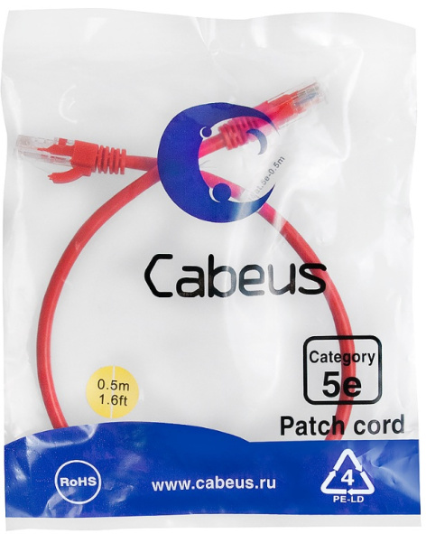 фото Кабель патч-корд U/UTP 5e кат. 0.5м Cabeus PC-UTP-RJ45-Cat.5e-0.5m-RD в Смоленске