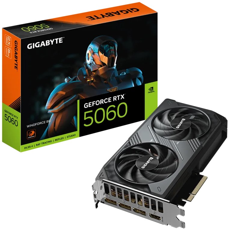 

Видеокарта PCI-E GIGABYTE GeForce RTX 5060 WINDFORCE 2 (GV-N5060WF2-8GD) 8GB GDDR7 128bit 2497/28000MHz HDMI 3*DP, GeForce RTX 5060 WINDFORCE 2 (GV-N5060WF2-8GD)