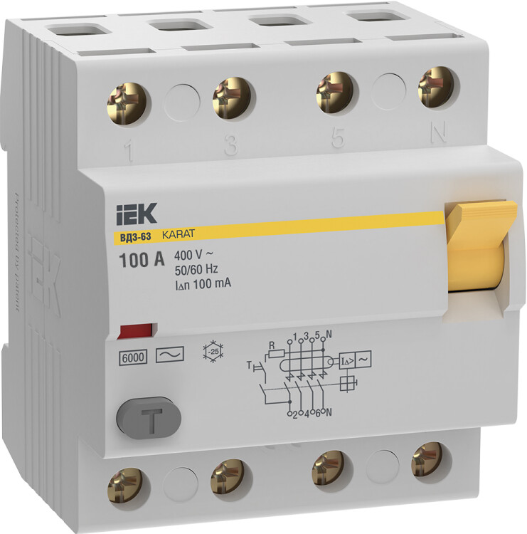 

УЗО IEK MDV20-4-100-100 KARAT ВД3-63 4P 100А 100мА 6кА тип AC, MDV20-4-100-100