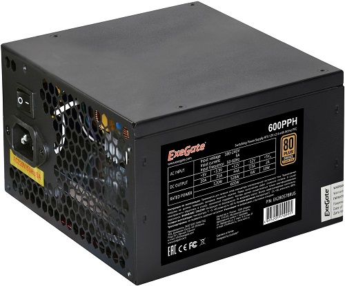 

Блок питания ATX Exegate 600PPH 600W, RTL, 80+Bronze, black, APFC, 12cm, 24p, (4+4)p, 5*SATA, 3*IDE, 600PPH