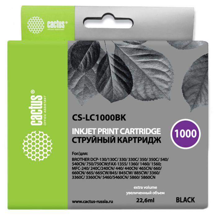 

Картридж Cactus CS-LC1000BK черный для Brother DCP 130C/330С/MFC-240C/5460CN (22.6мл), CS-LC1000BK