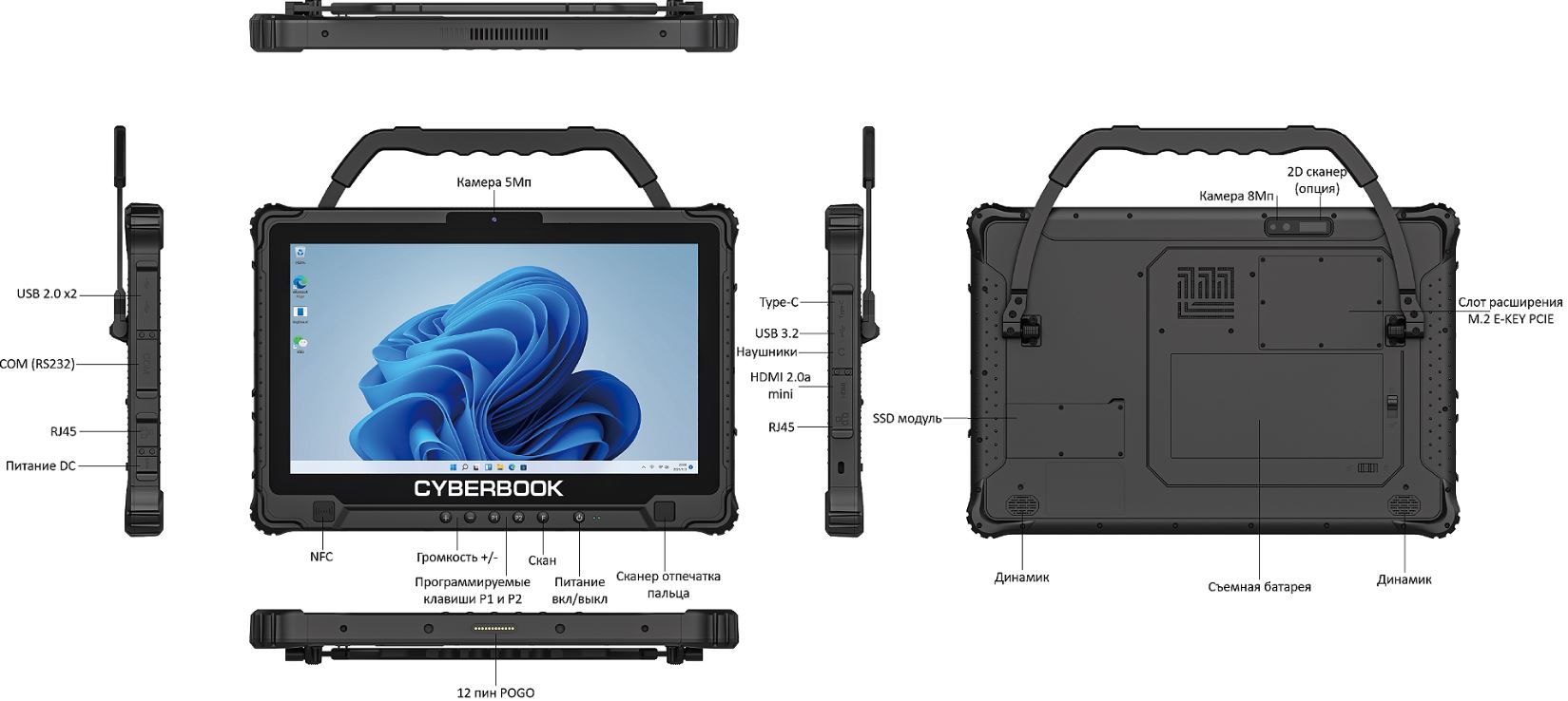 

Планшет защищенный CyberBook I514A 14" 1920*1080, 16ГБ, 256ГБ, WiFi, BT, 4G LTE, ГЛОНАСС, GPS, NFC, USB 3.2 (Тип А), USB 2.0 (Тип А)*2, HDMI 2.0a mini, I514A