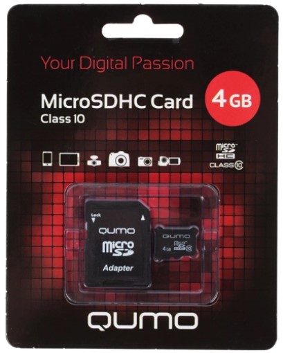 

Карта памяти 4GB Qumo QM4GMICSDHC10 MicroSDHC Class 10, SD adapter, QM4GMICSDHC10