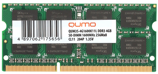 

Модуль памяти SODIMM DDR3 4GB Qumo QUM3S-4G1600C11 PC3-12800 1600MHz CL11 1.5V, QUM3S-4G1600C11