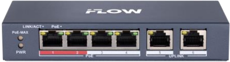 

Коммутатор неуправляемый iFlow F-SW-EU206POE-V/L 4 RJ45 100M PoE с грозозащитой 6кВ, 2 Uplink порт 100М Ethernet: бюджет PoE 35Вт, F-SW-EU206POE-V/L