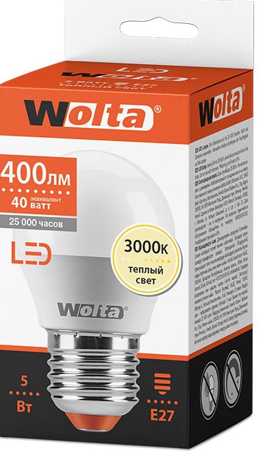 

Лампа светодиодная WOLTA 25Y45GL5E27 5Вт 3000K E27, 25Y45GL5E27