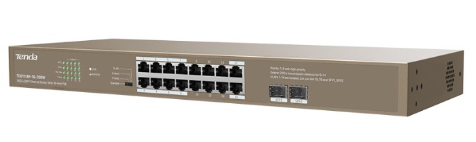 

Коммутатор неуправляемый Tenda TEG1118P-16-250W 16 портов,1000 Мбит/сек, 100 Мбит/сек, SFPx2, PoE, бюджет PoE 230 Вт, TEG1118P-16-250W