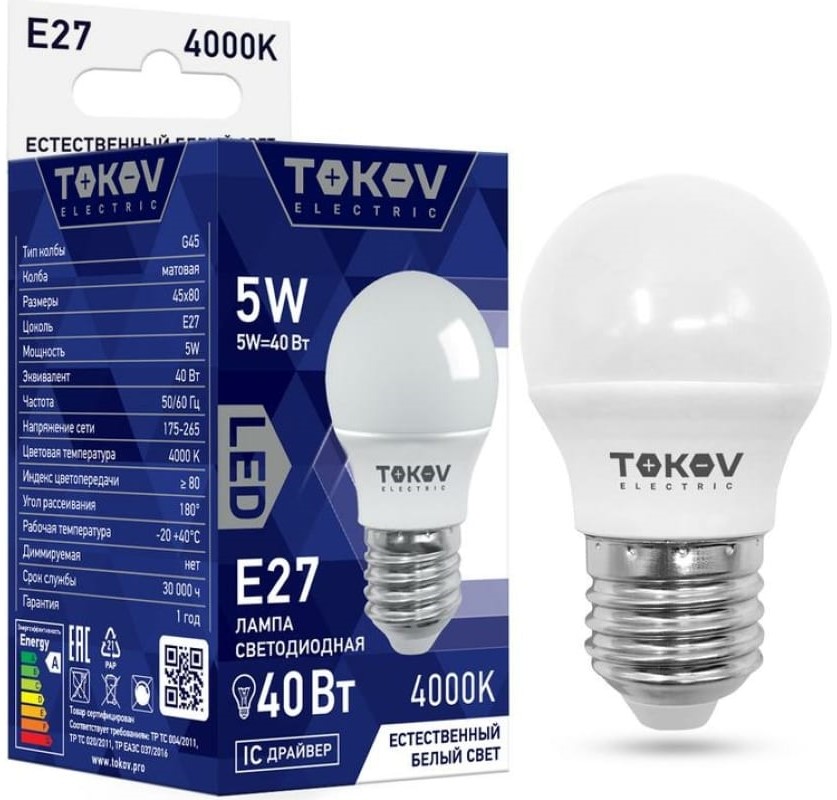 

Лампа светодиодная TOKOV ELECTRIC TKE-G45-E27-5-4K 5Вт G45 4000К Е27 176-264В, TKE-G45-E27-5-4K