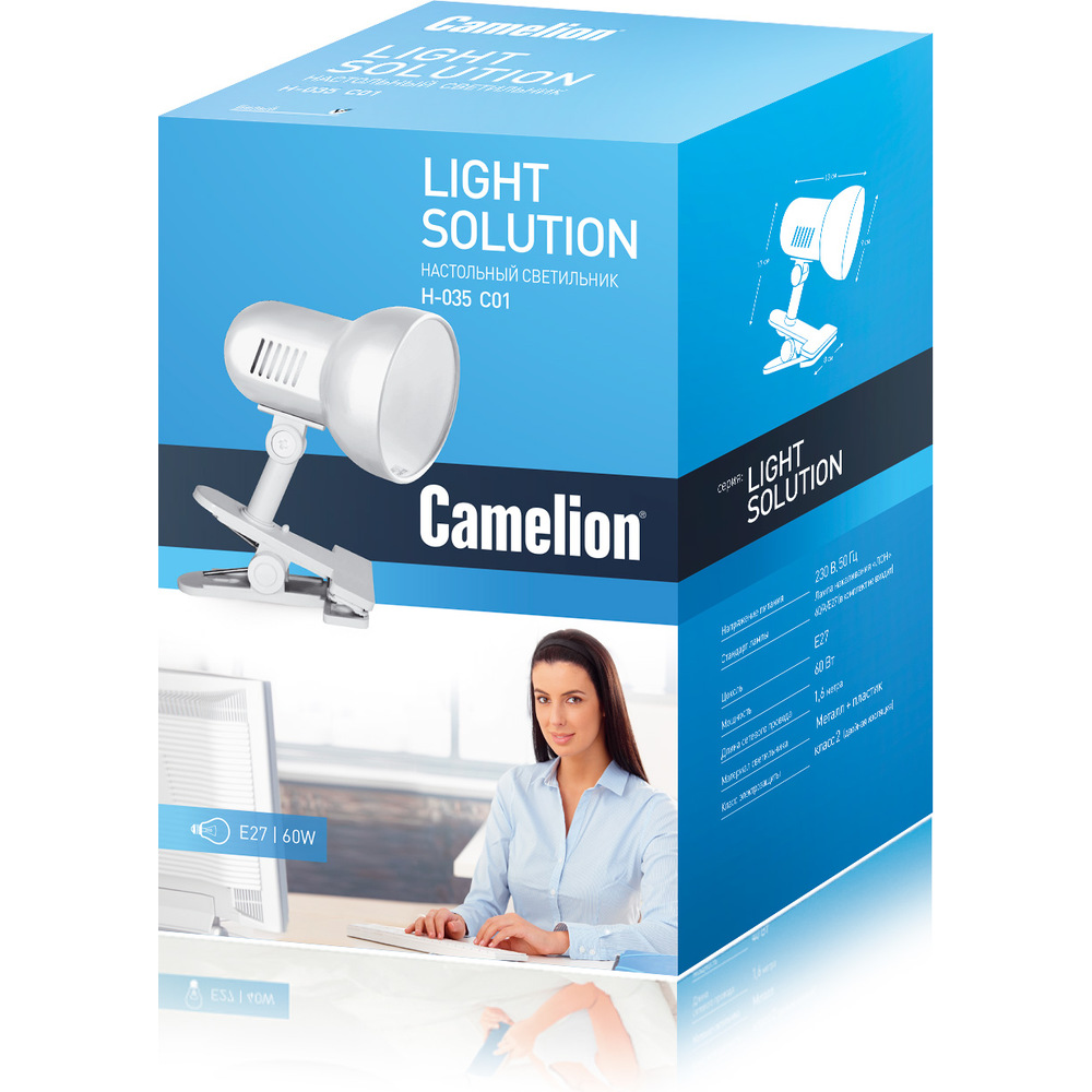 

Светильник настольный Camelion™ H-035 С01 под лампу накаливания, макс. мощ. 40Вт, ~230В, E27, белый, с прищепкой, H-035 С01