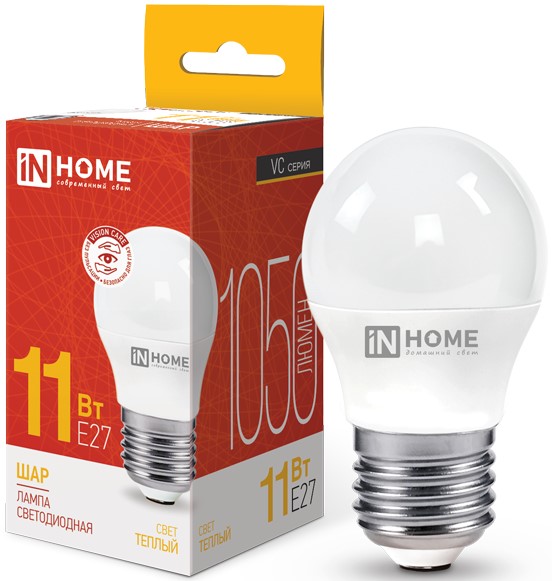 

Лампа светодиодная IN HOME 4690612020600 LED-ШАР-VC 11Вт шар 3000К теплый, белый E27 1050лм, 4690612020600