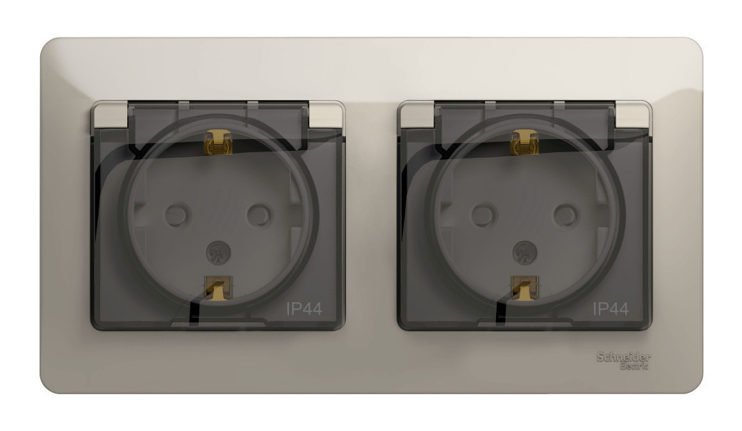 

Розетка Schneider Electric GSL000947 2-ая с/з, со шторками, в сборе, IP44 Glossa Молочная, GSL000947
