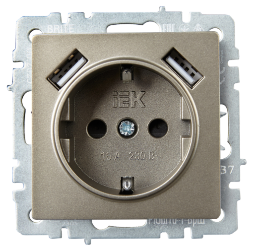 

Розетка с заземлением IEK BR-R14-16-U21-D21-K37 BRITE с защитными шторками 16А с USB A+A 2,1А РЮш10-1-БрШ Шампань, BR-R14-16-U21-D21-K37