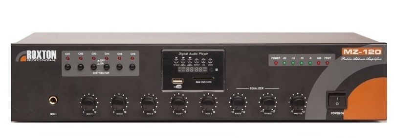 

Усилитель Roxton MZ-120 комбинированный зональный, 120 Вт, МР3-плеер-USB-FM-тюнер-усилитель 120Вт, 3 микр./2 лин. входа, ИК-пульт ДУ, 6 зон, MZ-120