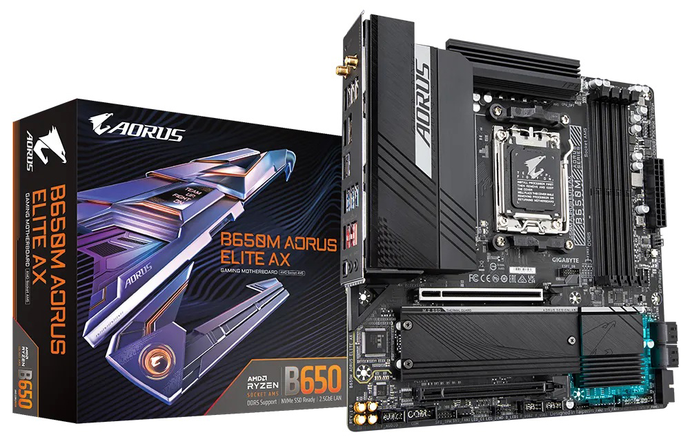 

Материнская плата mATX GIGABYTE B650M AORUS ELITE AX (AM5, AMD B650, 4*DDR5 (6666), 4*SATA 6G RAID, 2*M.2, 2*PCIE, 2.5Glan WiFi, BT, HDMI, DP, USB Typ, B650M AORUS ELITE AX