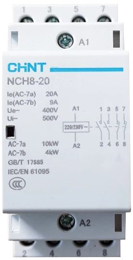 

Контактор модульный CHINT 256087 NCH8-20/22 20А 2НЗ+2НО AC 220/230В 50Гц, 256087