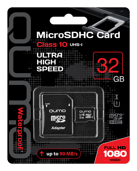 

Карта памяти 32GB Qumo QM32GMICSDHC10U1 microSDHC Class 10 UHS-I + SD адаптер, QM32GMICSDHC10U1