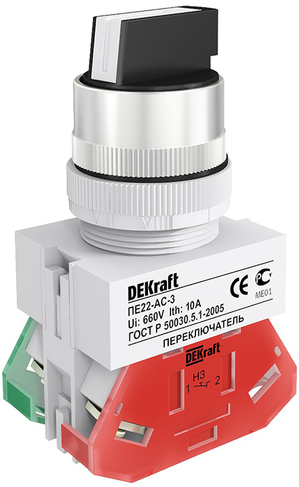 

Переключатель DEKraft 25052DEK ПЕ-22 на 3 фикс. положения I-O-II стандартная ручка 1НО+1НО AC-3 D=22мм 220В черный, 25052DEK