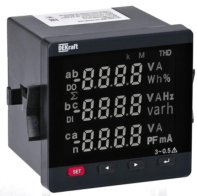 

Мультиметр DEKraft 51420DEK цифровой 96х96мм трехфазный, вход 600В 5А, RS485, LED-дисплей МТ-96D, 51420DEK