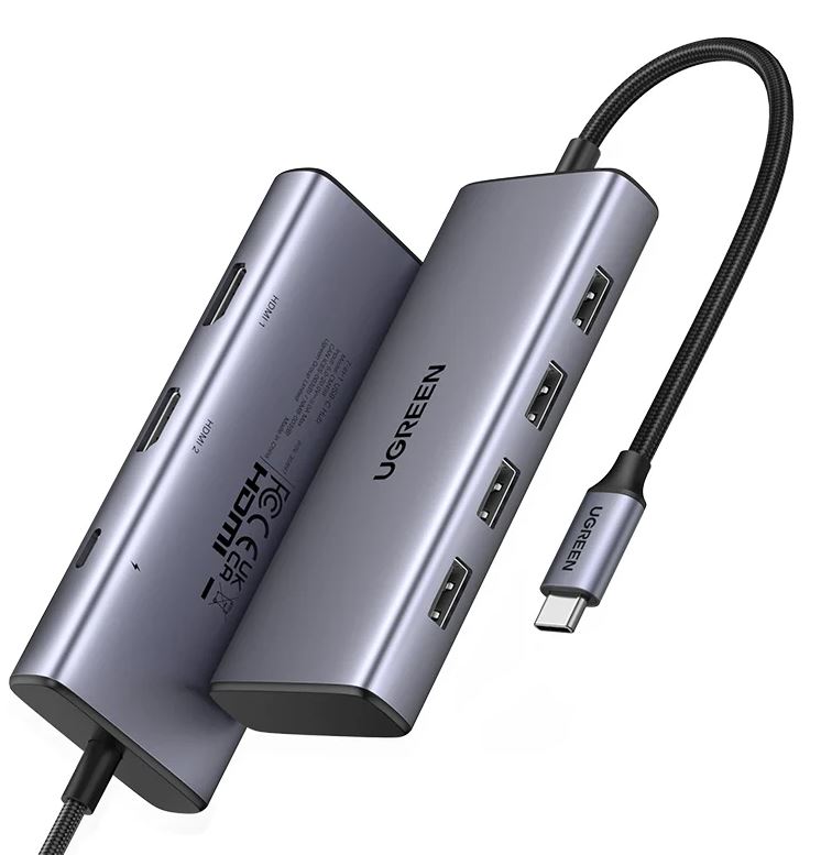 

Концентратор UGREEN CM498 35897_ 7-in-1 USB-C to USB-A 3.2+3*USB-A 2.0+2*HDMI+PD Port Converter, цвет: серый, CM498