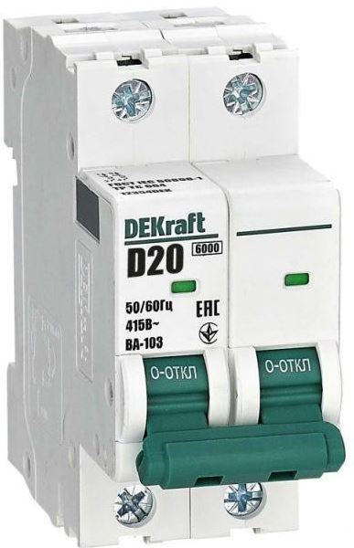 

Автоматический выключатель DEKraft 12354DEK 2Р 20А х-ка D ВА-103 6кА, 12354DEK