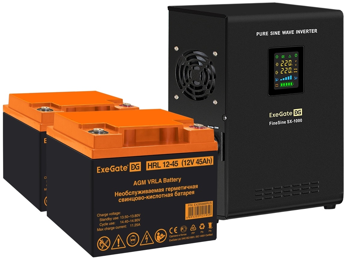 

Комплект Exegate FineSine SX-1000.LCD.AVR.2SH EX296545RUS ИБП EX295997RUS + батарея 45Aч EX285666RUS 1шт (инвертор, синус, для котла, настенный) 1000V, FineSine SX-1000.LCD.AVR.2SH